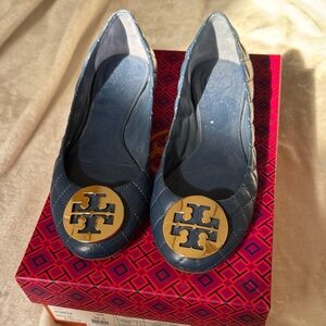 Tory Burch Navy Flats with Gold Emblem